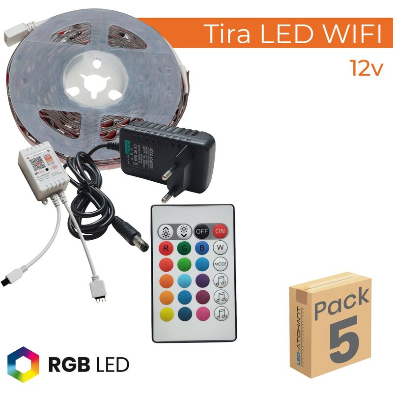 

Led Atomant Sl - KIT Tira LED RGB Wifi 5M 12V 14,4W/m 30LED/m Corte 10cm | Pack 5 Uds. - Pack 5 Uds.