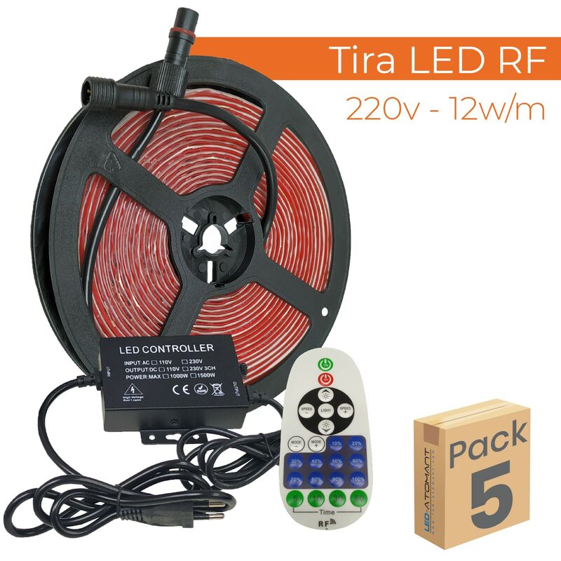 

KIT Tira LED Rollo 5M con controlador Directa 220v 12W/m 120 LED/m Corte 10cm IP65 | Blanco Cálido 3000K - Pack 5 Uds. - Blanco Cálido 3000K