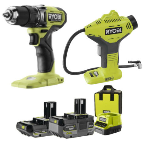 kit trapano a percussione brushless e compressore portatile ryobi - con 2 batterie 18v 2ah