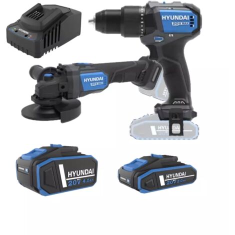 kit trapano a percussione e smerigliatrice angolare a batteria hyundai 2 batterie 20v 2ah/4ah e caricabatterie - cod. 25851
