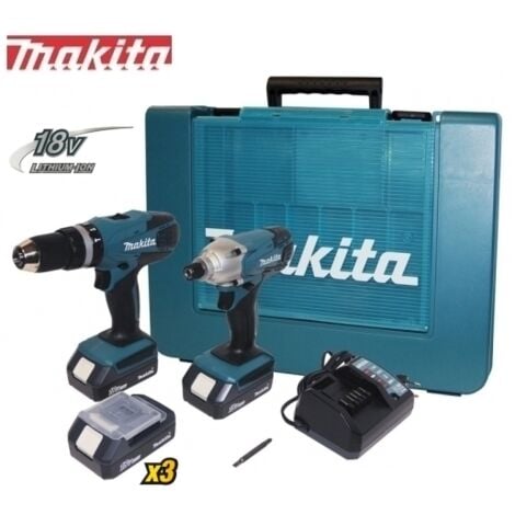 Kit Trapano avvitatore c/percussione + Avvitatore a massa battente c/batteria di riserva 18V Litio Makita - DK18015