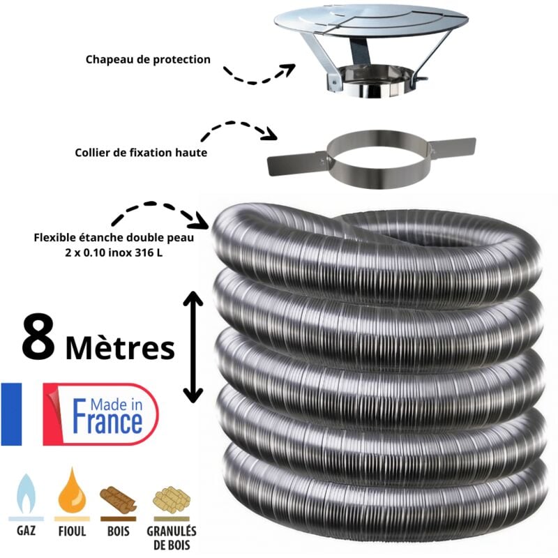 Kit tubage flexible double peau inox diamètre 100 + collier + chapeau Edilinox Longueur du conduit 8 mètres