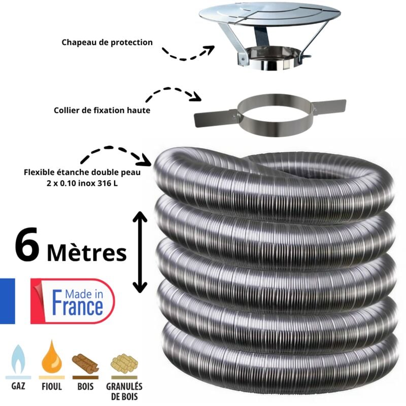 Kit tubage flexible double peau inox diamètre 130 + collier + chapeau Edilinox Longueur du conduit 6 mètres