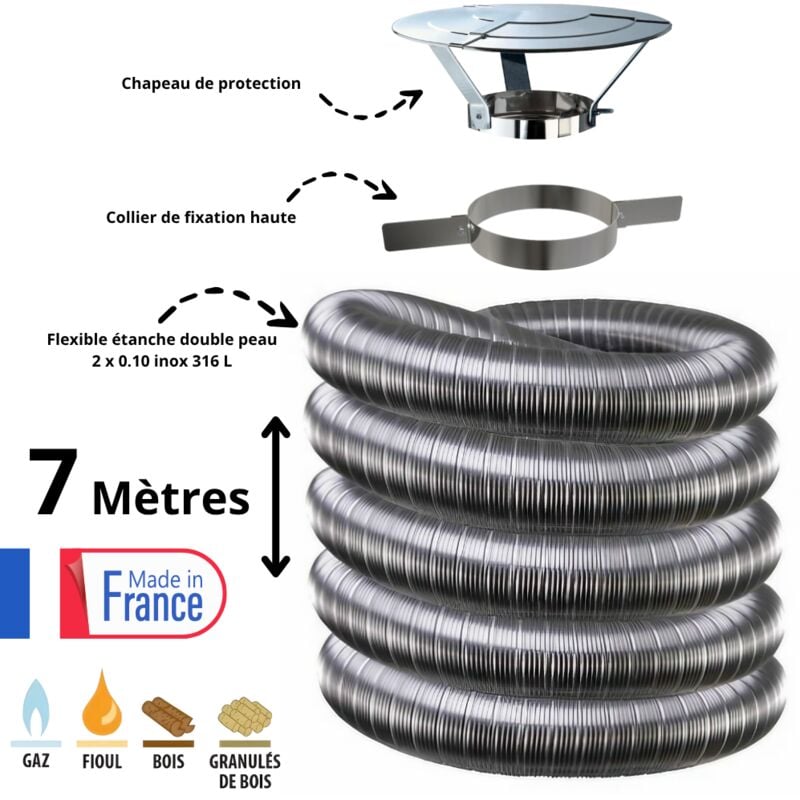 Kit tubage flexible double peau inox diamètre 130 + collier + chapeau Edilinox Longueur du conduit 7 mètres