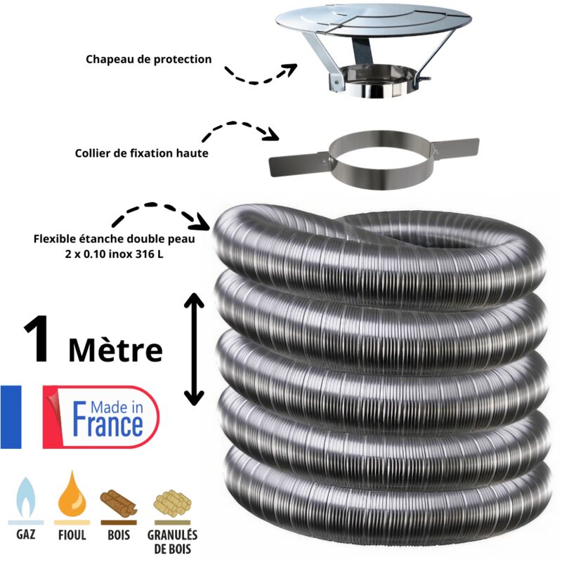 Kit tubage flexible double peau inox diamètre 180 + collier + chapeau Edilinox Longueur du conduit 1 mètre