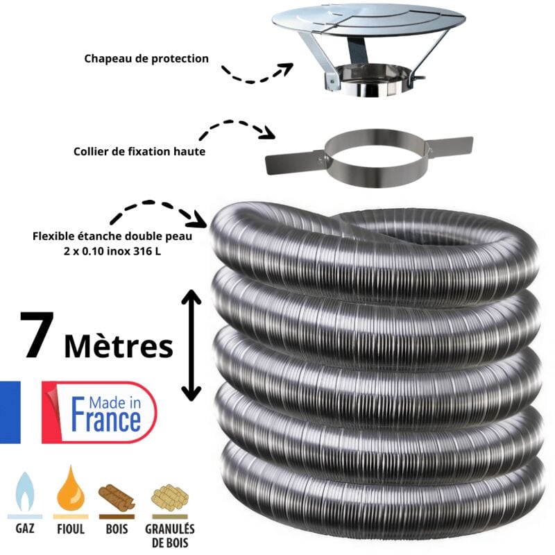 Kit tubage flexible double peau inox diamètre 200 + collier + chapeau Edilinox Longueur du conduit 7 mètres