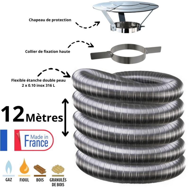 Kit tubage flexible double peau inox diamètre 80 + collier + chapeau Edilinox Longueur du conduit 12 mètres