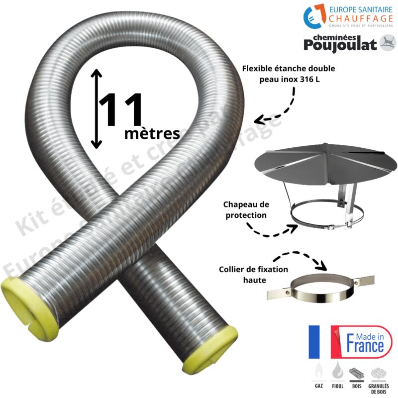 Kit tubage flexible double peau inox diamètre 100 + collier de fixation haute + chapeau Poujoulat Longueur du conduit 11 mètres