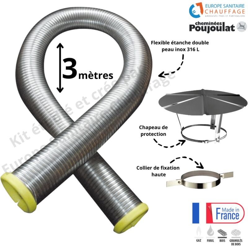 Kit tubage flexible double peau inox diamètre 130 + collier de fixation haute + chapeau Poujoulat Longueur du conduit 3 mètres