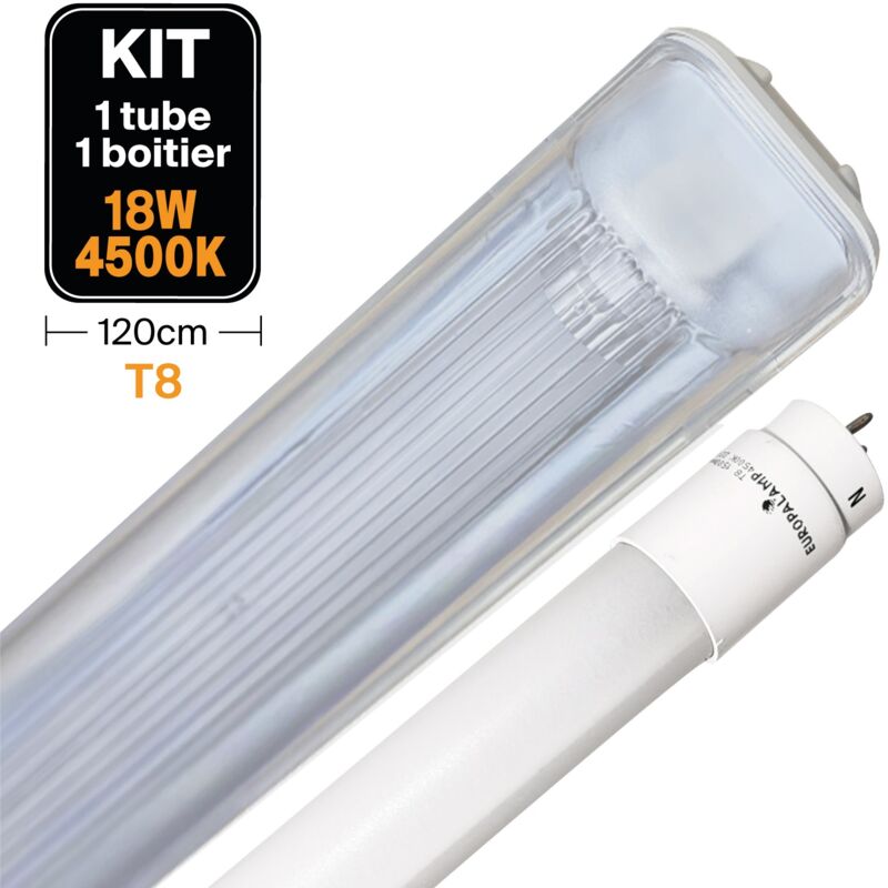 Europalamp – Tube LED T8 18W 4000K – Boîtier étanche 120cm – Économie d'énergie jusqu'à 80% – Allumage instantané sans clignotement