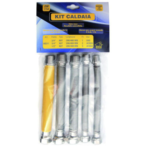Kit tubos flexibles extensibles caldera de acero inoxidable 200 400 gas 3/4 mf uni 11353 2 1/2 mf 2 3/4"mf agua DM 174