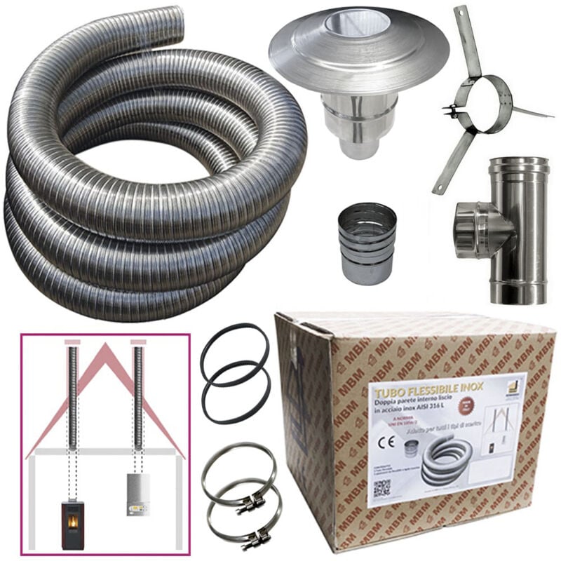 Kit tuyau en acier inoxydable 316 flexible 3 mt diamètre 80 mm intérieur lisse à la norme ce en 1856 2 conduit de fumée