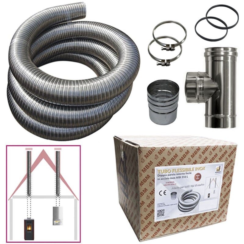 Kit tuyau en acier inoxydable 316 flexible 5 mt diamètre 80 mm intérieur lisse à la norme ce en 1856 2 conduit de fumée