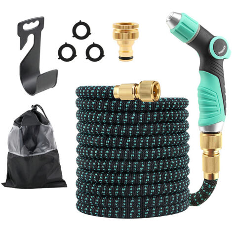 Kit tuyau extensible 22,5 m motif bleu lac + pistolet haute pression bleu lac, tuyau magique auto-extensible pour lavage auto et jardinage