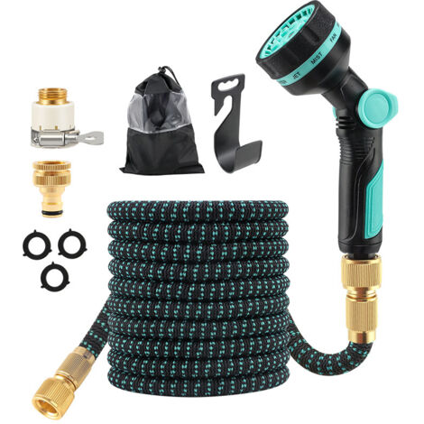 Kit tuyau extensible auto-rétractable 15 m bleu lac + pistolet de jardin haute pression pour lavage auto et arrosage
