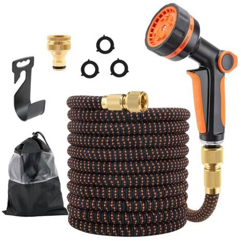 Kit tuyau extensible auto-rétractable 22,5 m orange et noir + pistolet de jardin haute pression pour lavage auto et arrosage