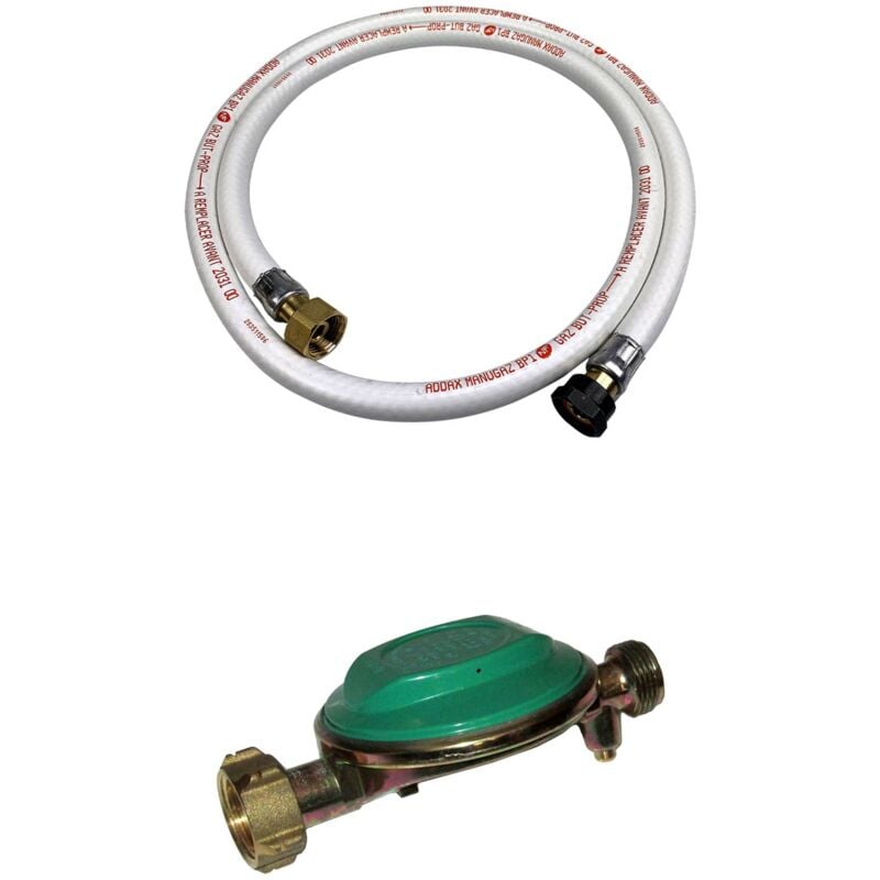 Kit Tuyau flexible de gaz 1.5 m à embouts mécaniques 25mm + Détendeur Butane 28mbar 1.3kg/h – Normes nf