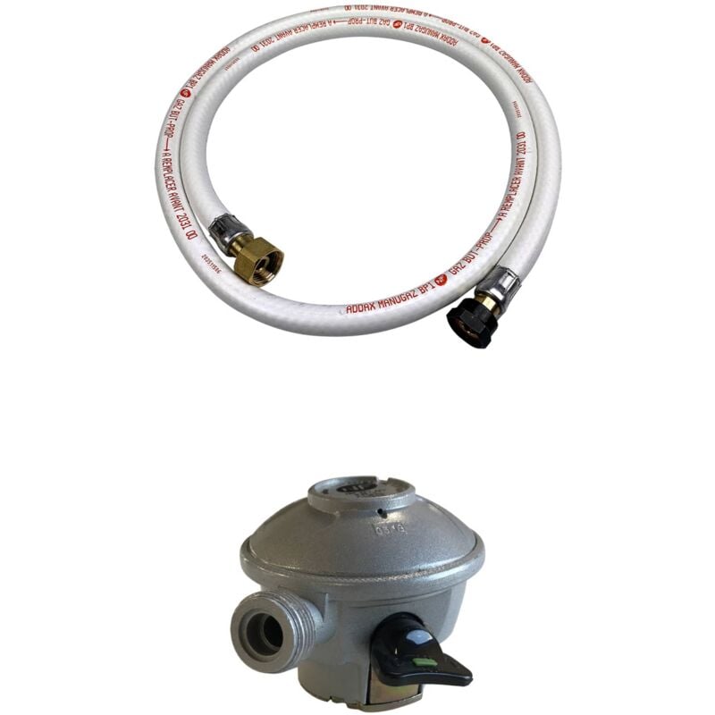 Kit Tuyau flexible de gaz 1.5 m à embouts mécaniques + Détendeur Quick-on Ø27mm - Propane 37mbar 1.5kg/h. raccord rapide – Normes nf