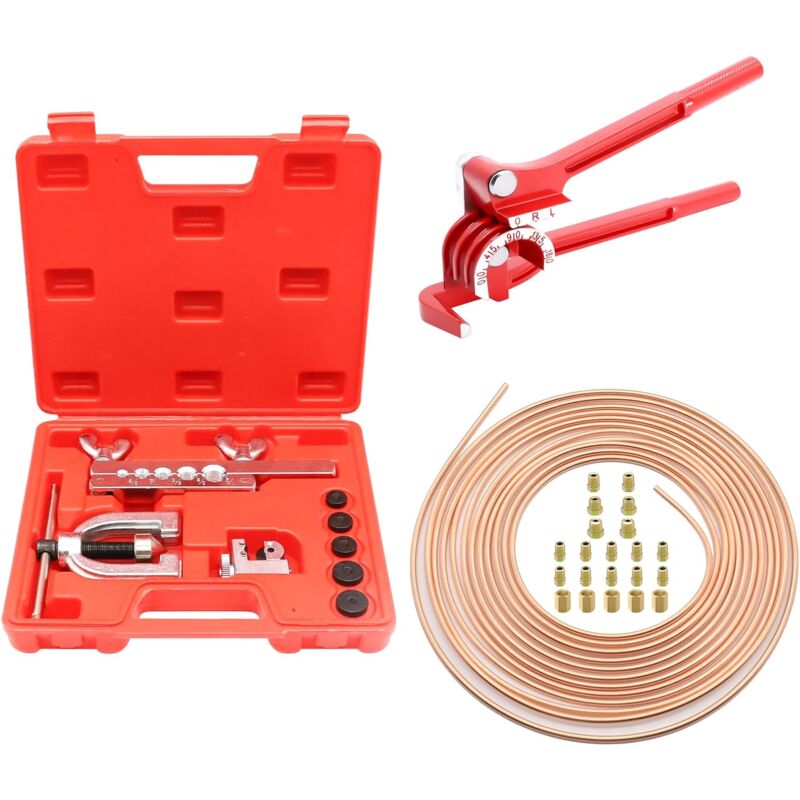 Kit Tuyau Frein Voiture, Ligne Frein en Acier Cuivré 7.6 M, Ø4,75mm, avec Cintreuse Tube Cuivre, 16 Raccords + 5 Connecteurs, IdéAl pour Les SystèMes