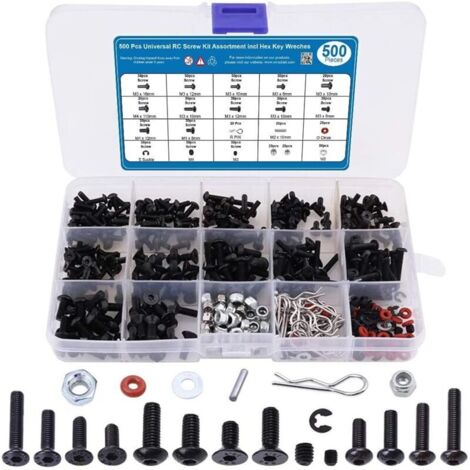 Kit universale da 500 pezzi, viti a testa esagonale, dadi, fibbie M3 e M4 per veicoli radiocomandati, veicoli cingolati e camion in scala 1/8, 1/10, 1/12 e 1/16.