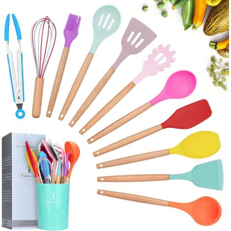 Kit Ustensiles Cuisine - 12 Pièces - Silicone Et Bois - Résistant Chaleur - Avec Support Rangement - Coloré