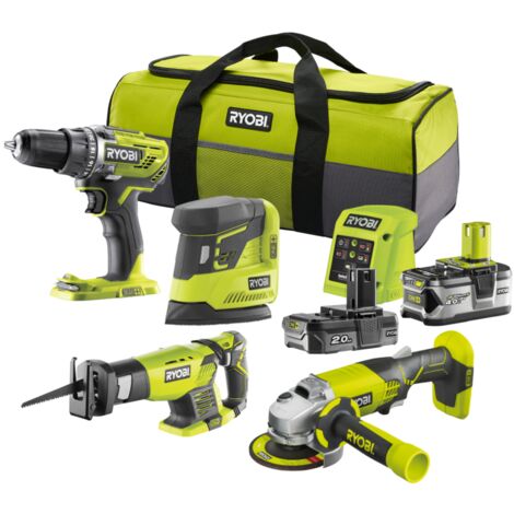 kit valigetta trapano avvitatore, smerigliatrice angolare, levigatrice palmare e seghetto gattuccio a batteria ryobi "r18dd3 + r18ag + rps18 + rrs1801" 2 batterie 18v 2ah/4ah
