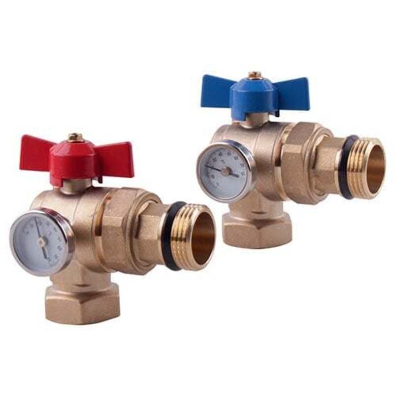 Kit vannes coudées rouge/bleue laiton brut avec thermomètre Mâle Femelle 1' (26/34) Somatherm