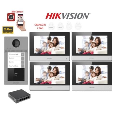 HIKVISION Kit Videocitofono Hik Vision Villa quadrifamiliare 4 Bussate 4 Monitor Ip Poe App