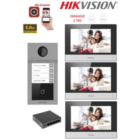 HIKVISION Kit Videocitofono Hik Vision Villa Trifamiliare 4 Bussate 3 Monitor Ip Poe App