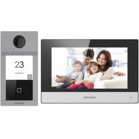 Kit videocitofono IP Hikvision DS-KIS604-P(C) – 1 pulsante, monitor da 7&quot, WiFi, PoE, lettore Mifare, videocitofono