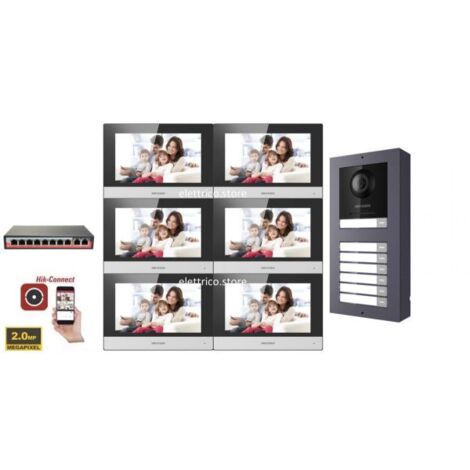 KIT Videocitofono IP Poe Hikvision 6 appartamenti Monitor 7 pollici WIFI smart telecamera 2 mpx