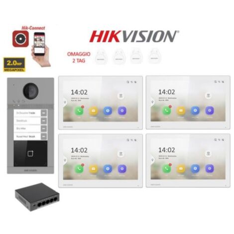 KIT Videocitofono Quadrifamiliare IP Poe Hikvision 2 monitor 7" bianco WIFI smart telecamera 2 mpx