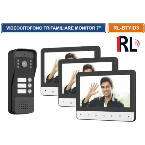 KIT VIDEOCITOFONO TRIFAMILIARE TRE PULSANTI TRE MONITOR A COLORI 7" APERTURA ELETTROSERRATURA