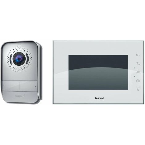 Kit videoportero Legrand 369230, compuesto de un monitor de vídeo interior con pantalla a color de 7 pulgadas e interfono exterior de visión nocturna gran angular, acabado blanco.