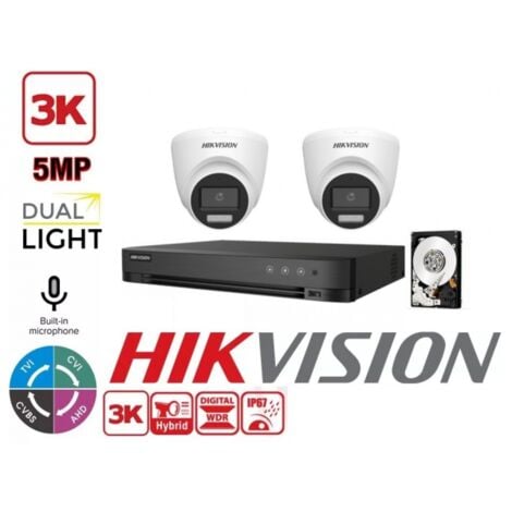 KIT VIDEOSORVEGLIANZA HIKVISION 4 CANALI 5 MPX 2 TELECAMERE DOME 5 MPX 3K HYBRID LIGHT HDD 500GB