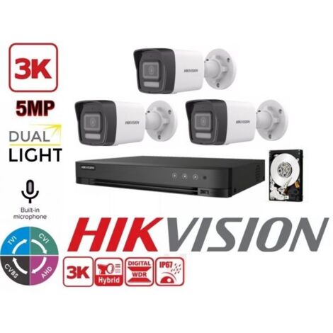 KIT VIDEOSORVEGLIANZA HIKVISION 4 CANALI 5 MPX 3 TELECAMERE BULLET 5MPX 3K HYBRID LIGHT HDD 1TB