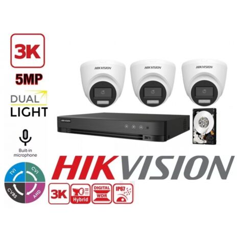 KIT VIDEOSORVEGLIANZA HIKVISION 4 CANALI 5 MPX 3 TELECAMERE DOME 5MPX 3K HYBRID LIGHT HDD 1TB