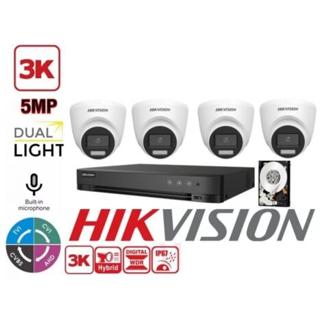 KIT VIDEOSORVEGLIANZA HIKVISION 4 CANALI 5 MPX 4 TELECAMERE DOME TURRET 5MPX 3K HYBRID LIGHT HDD 1TB