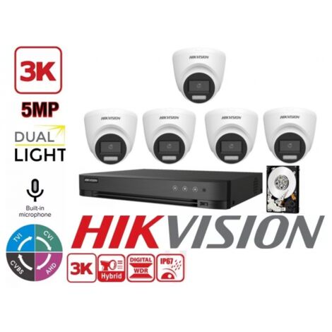KIT VIDEOSORVEGLIANZA HIKVISION 8 CANALI 5 MPX 5 TELECAMERE DOME 5MPX 3K HYBRID LIGHT HDD 1TB