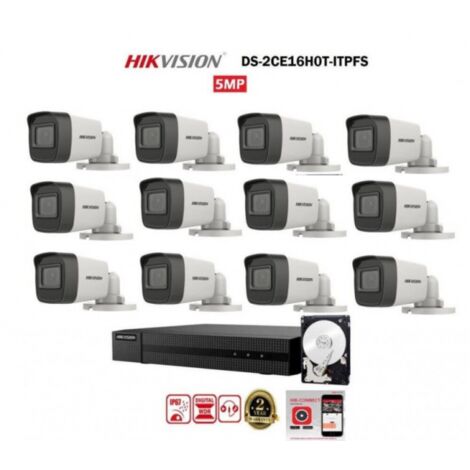 KIT videosorveglianza Hikvision DVR 16 canali 12 telecamere bullet 5 mpx hdd 1tb