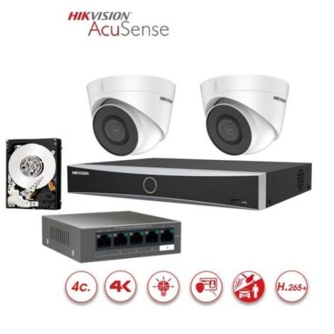 KIT Videosorveglianza IP Hikvision Acusense Nvr 4 canali 4K 2 telecamere dome 2 mpx ir 30mt hdd 1 TB