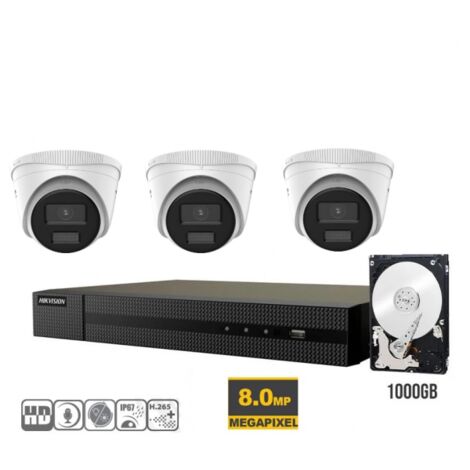 KIT VIDEOSORVEGLIANZA IP POE 4K NVR 8 CANALI POE 3 TELECAMERE DOME TURRET 8 MPX AUDIO HDD 1TB
