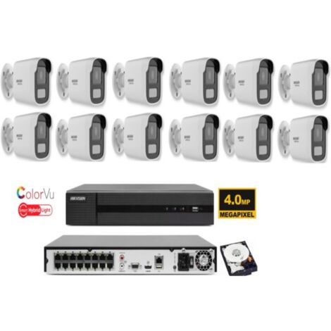 KIT videosorveglianza ip POE Hikvision Nvr 16 canali 4K 12 telecamere Smart Hybrid ColorVu 4 MP hdd 1TB