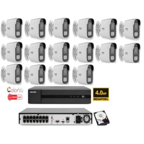 KIT videosorveglianza ip POE Hikvision Nvr 16 canali 4K 16 telecamere Smart Hybrid ColorVu 4 MP hdd 1TB