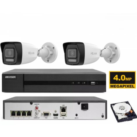 KIT videosorveglianza ip POE Hikvision Nvr 4 canali 4K 2 telecamere 4 MP microfono hdd 1TB