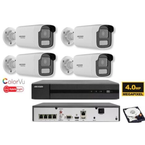 KIT videosorveglianza ip POE Hikvision Nvr 4 canali 4K 4 telecamere Smart Hybrid ColorVu 4 MP hdd 1TB