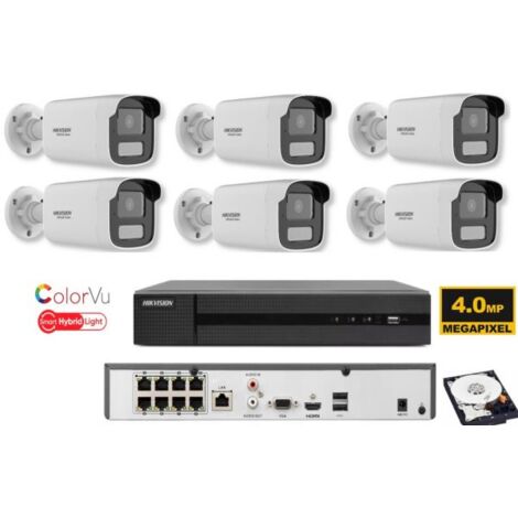 KIT videosorveglianza ip POE Hikvision Nvr 8 canali 4K 6 telecamere Smart Hybrid ColorVu 4 MP hdd 1TB