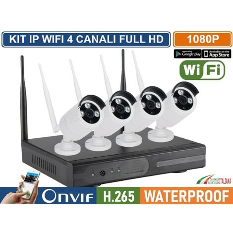 KIT VIDEOSORVEGLIANZA IP WIRELESS WIFI NVR 4 CH 4 TELECAMERE BULLET IR-CUT 2MP DA ESTERNO IP66