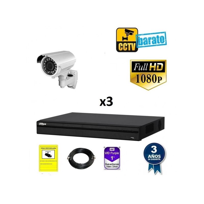 

Dahua - Kit de videovigilancia 1080P FULL HD 3 cámaras bullet varifocal exterior más grabador de 4 canales., Añadir mas memoria :6TB,Cambiar cables :