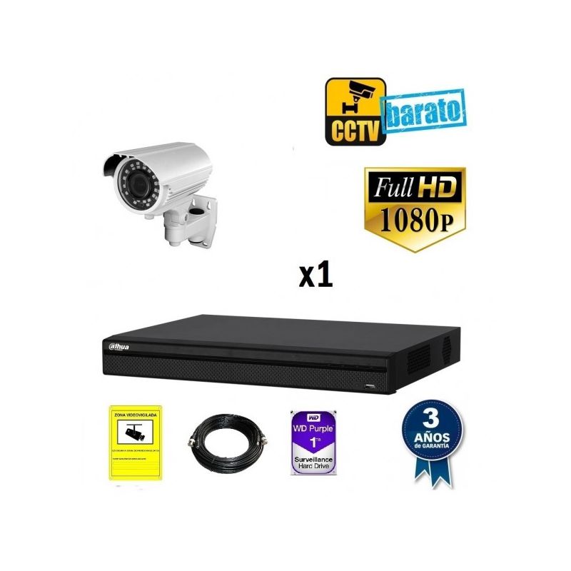 

Dahua - Kit de videovigilancia 1080P FULL HD 1 cámara bullet varifocal exterior más grabador de 4 canales., Añadir mas memoria :1TB,Cambiar cables :